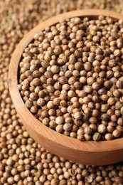 Photo of Dried coriander seeds in bowl, closeup view