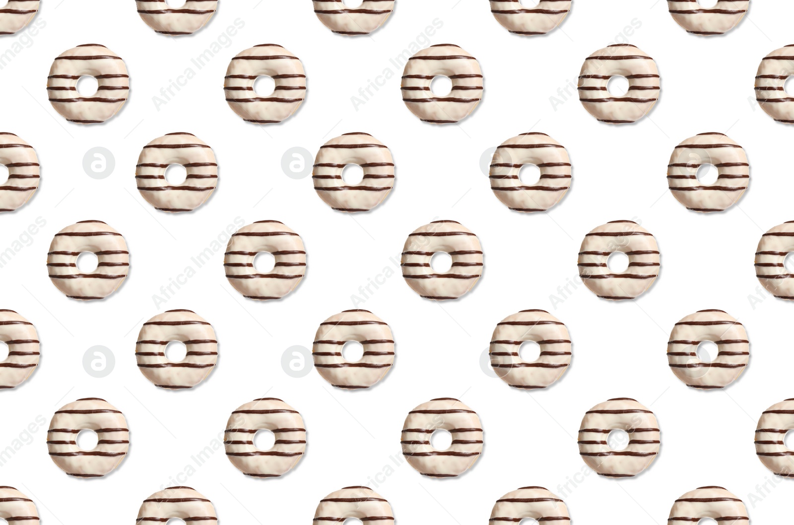 Image of Creative pattern design of glazed donuts on white background