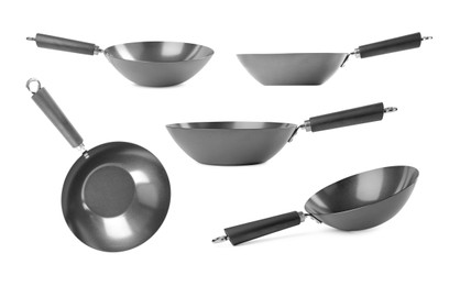 Image of Empty metal woks isolated on white, set