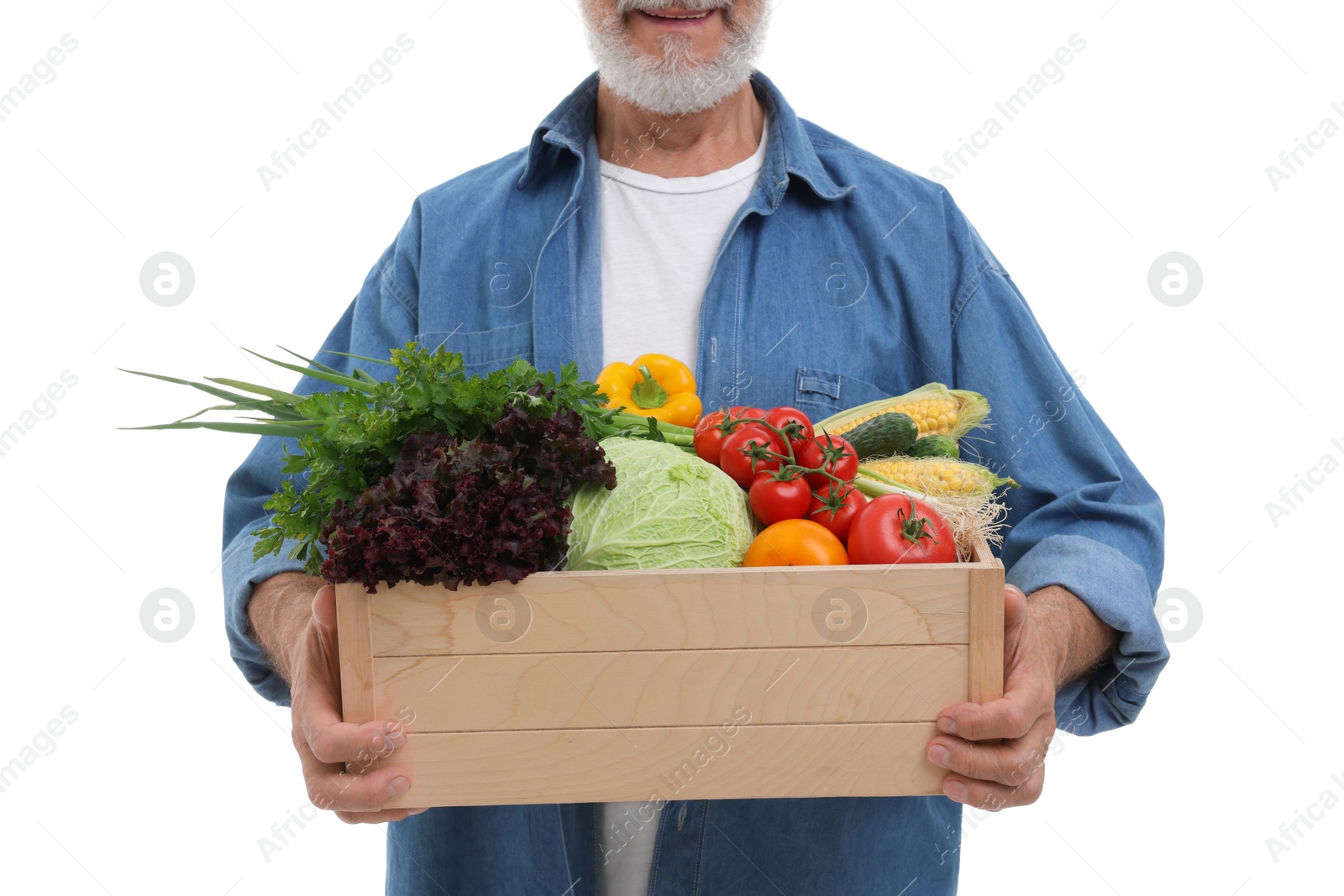 Photo of Harvesting season. Farmer holding wooden crate with vegetables on white background, closeup