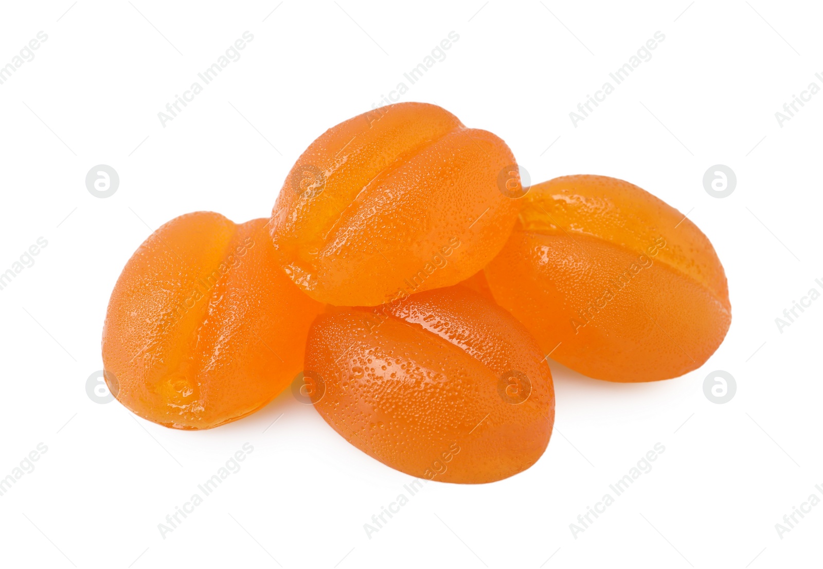 Photo of Pile of delicious fruity gummy candies on white background