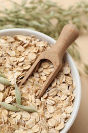 Photo of Bowl and scoop of oatmeal with florets on table, closeup