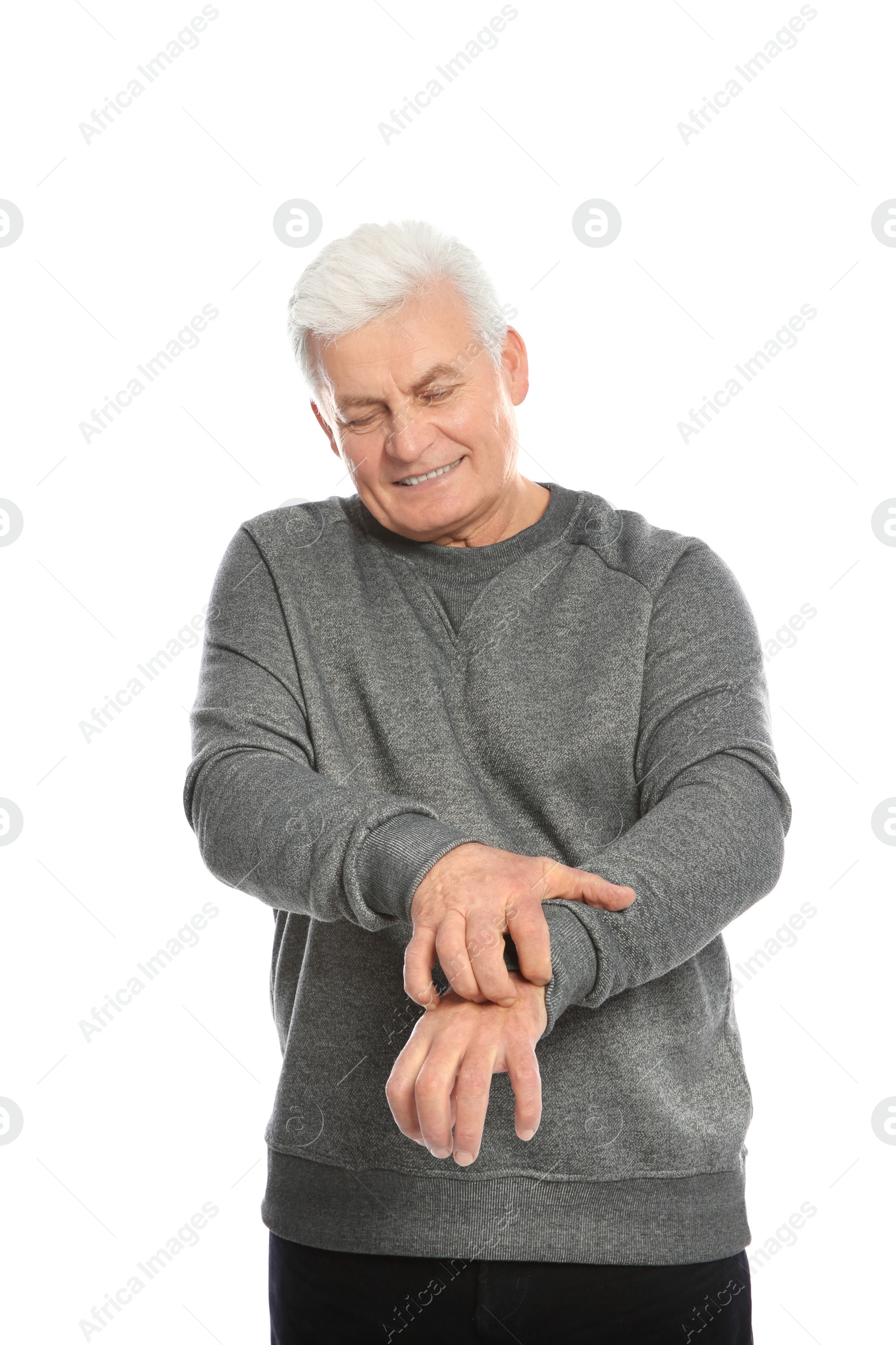 Photo of Mature man scratching hand on white background. Annoying itch