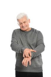 Photo of Mature man scratching hand on white background. Annoying itch