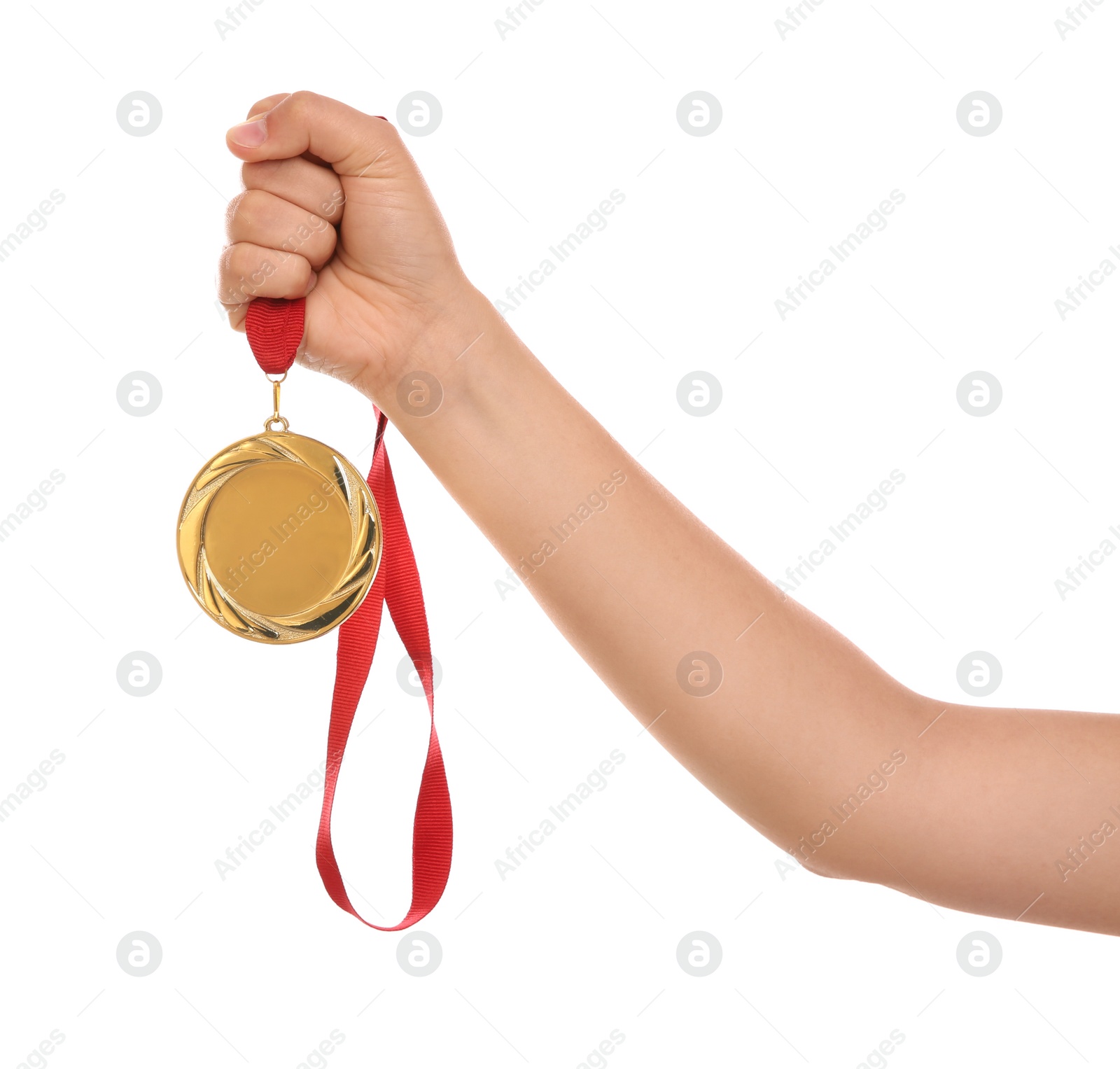 Photo of Woman holding gold medal on white background, closeup