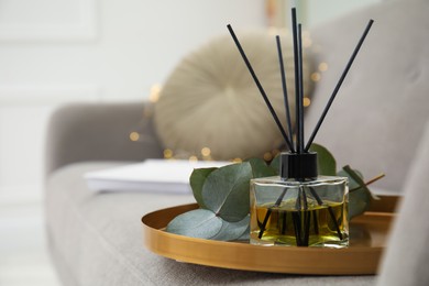 Aromatic reed air freshener and eucalyptus branch on tray in living room. Space for text