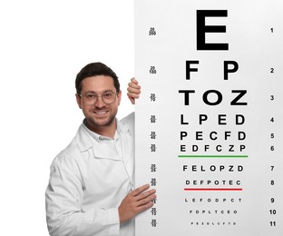 Ophthalmologist with vision test chart on white background