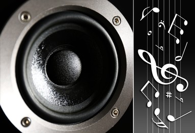 Image of Audio speaker, music notes and other musical symbols on dark background, closeup