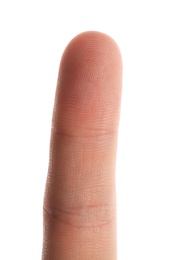 Photo of Man scanning fingerprint on white background, closeup