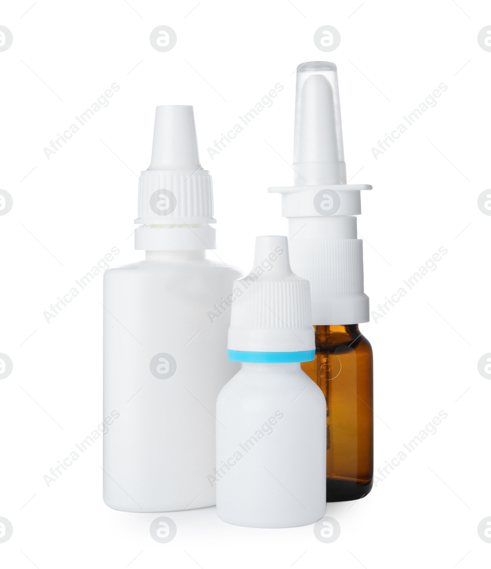 Photo of Many different nasal sprays on white background