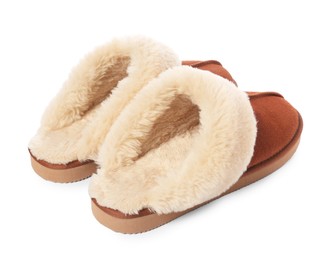 Pair of soft slippers with fur isolated on white