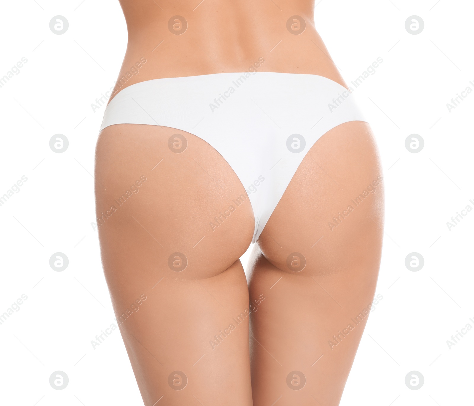 Photo of Slim young woman with smooth gentle skin on white background, closeup. Beauty and body care concept