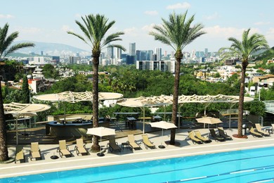 Photo of Sunbeds and palm trees near outdoor swimming pool