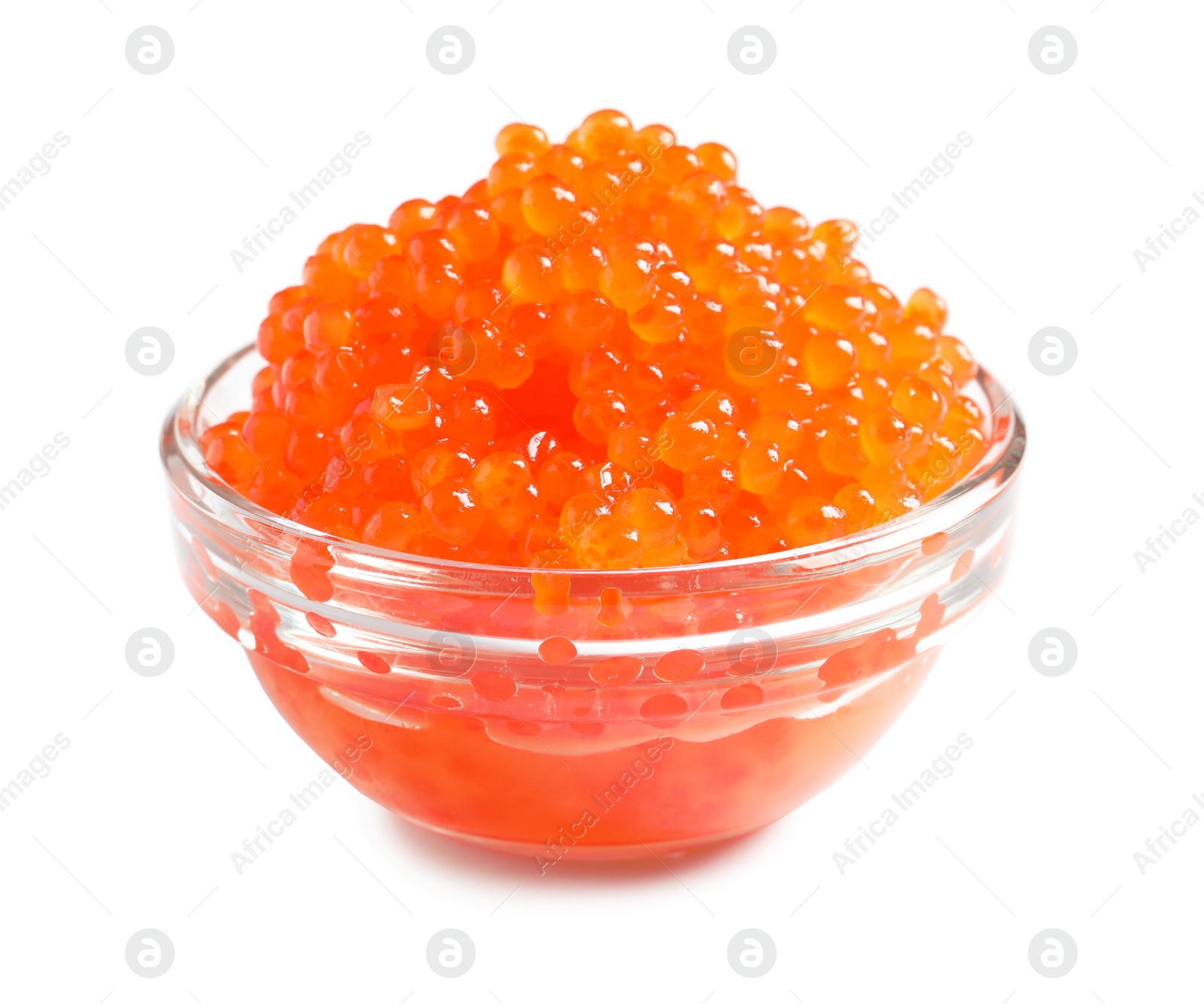 Photo of Bowl with delicious red caviar on white background