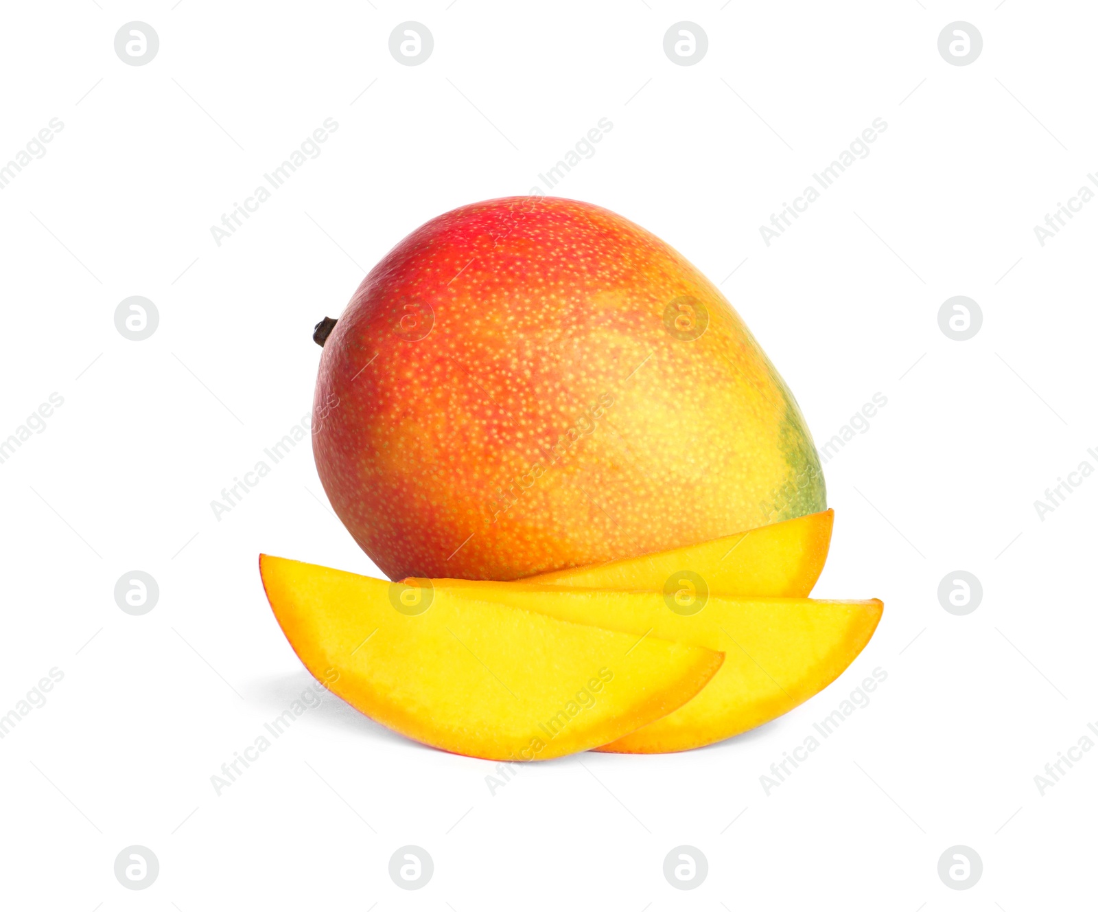 Photo of Delicious whole and cut mangoes on white background