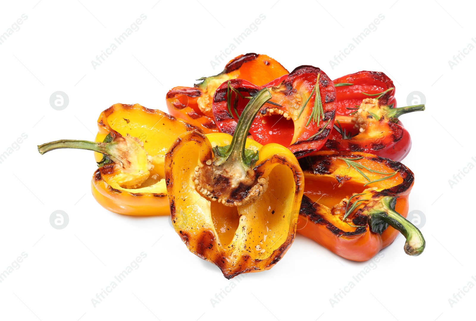 Photo of Tasty grilled bell peppers and rosemary isolated on white