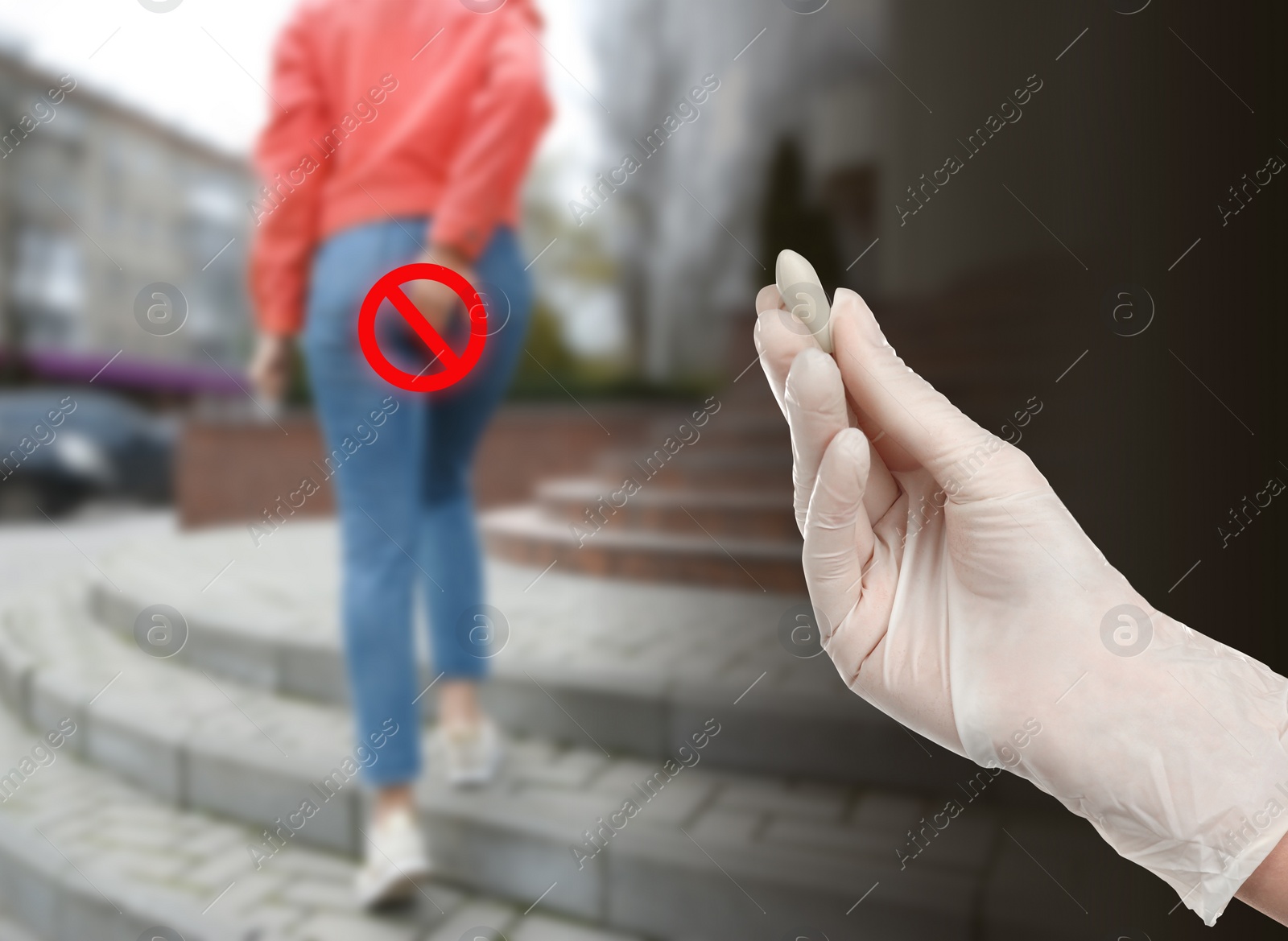 Image of Doctor holding suppository for hemorrhoid treatment and woman suffering from pain outdoors, closeup