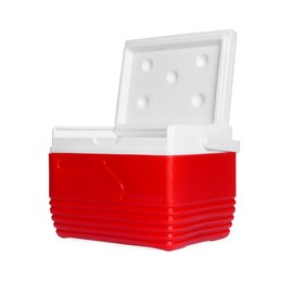 Photo of Red plastic cool box isolated on white