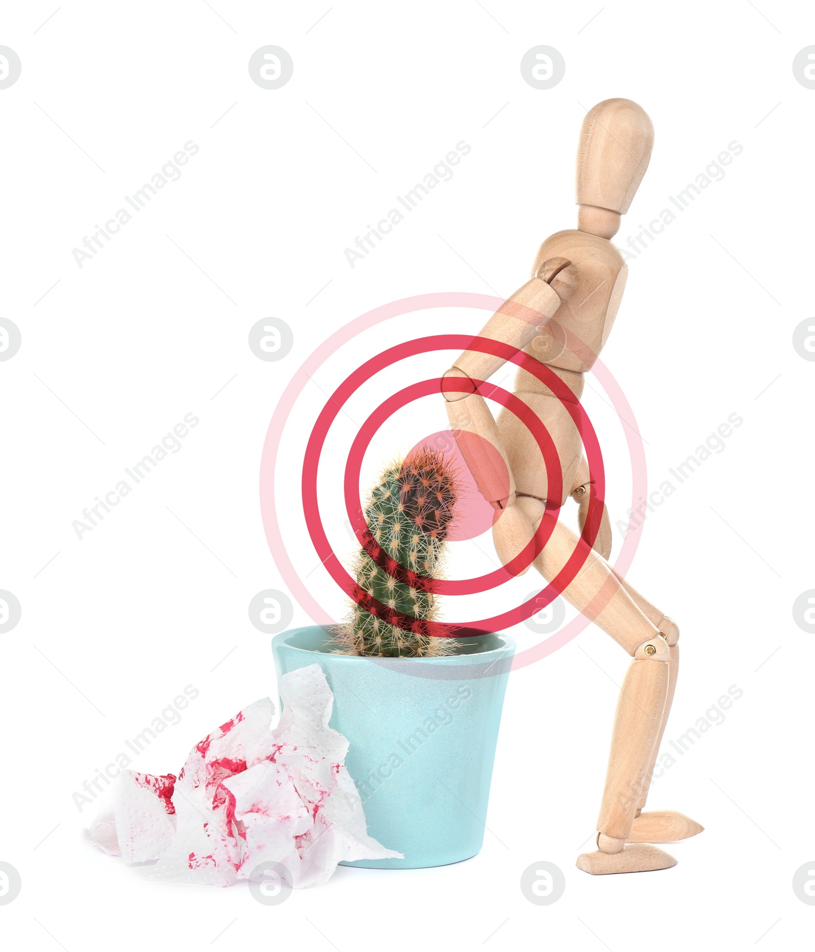 Image of Hemorrhoid concept. Wooden human figure, cactus and sheets of toilet paper with blood on white background