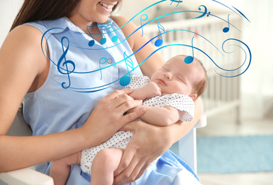 Image of Flying music notes and young woman with her newborn baby at home, closeup. Lullaby songs
