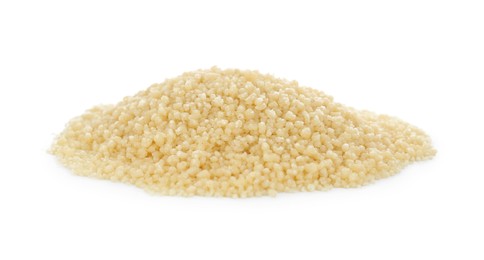 Pile of raw couscous on white background
