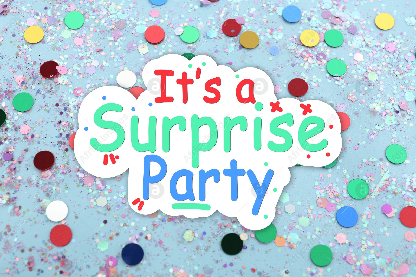 Image of It's a surprise party. Shiny glitters and confetti on light blue background, above view