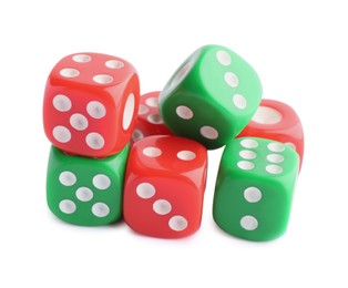 Photo of Many green and red game dices isolated on white