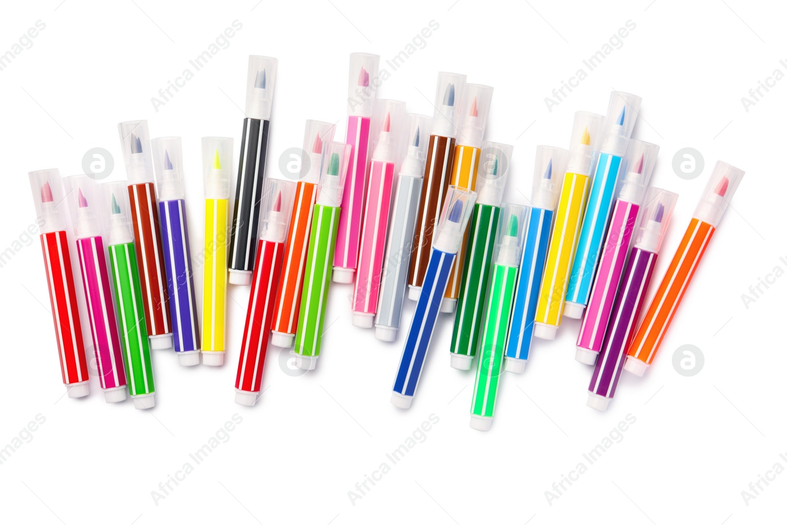 Photo of Many bright markers isolated on white, top view