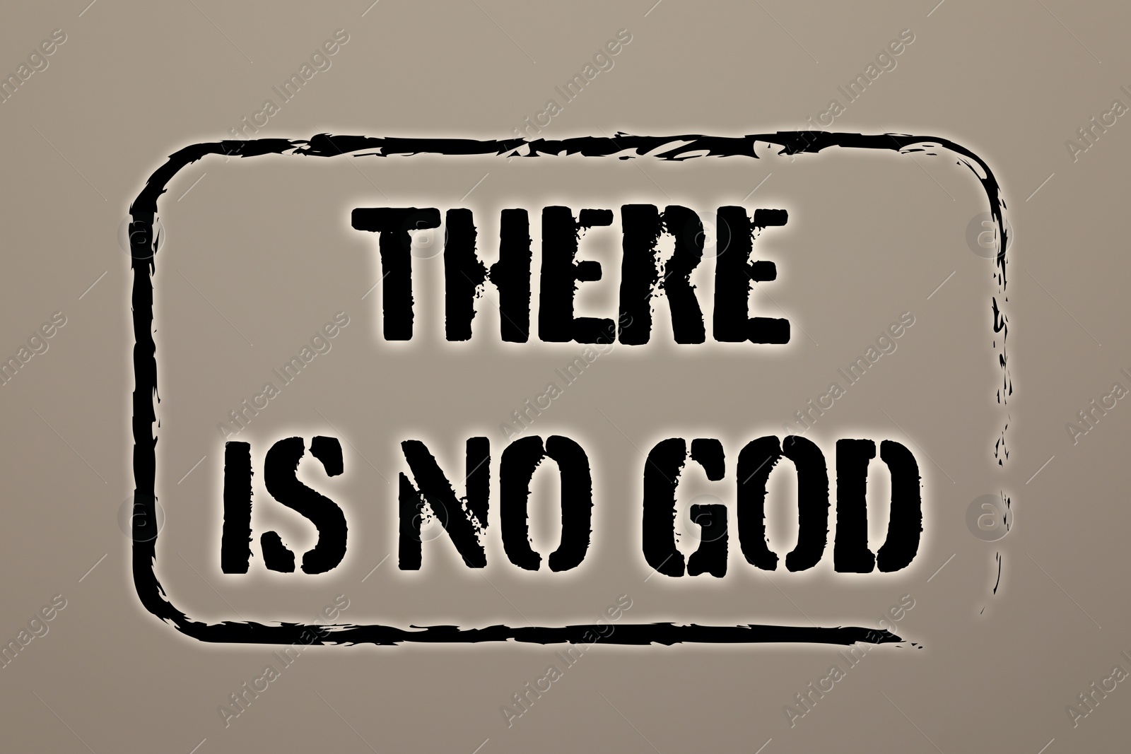 Illustration of Text There Is No God on greyish beige background, stamp style