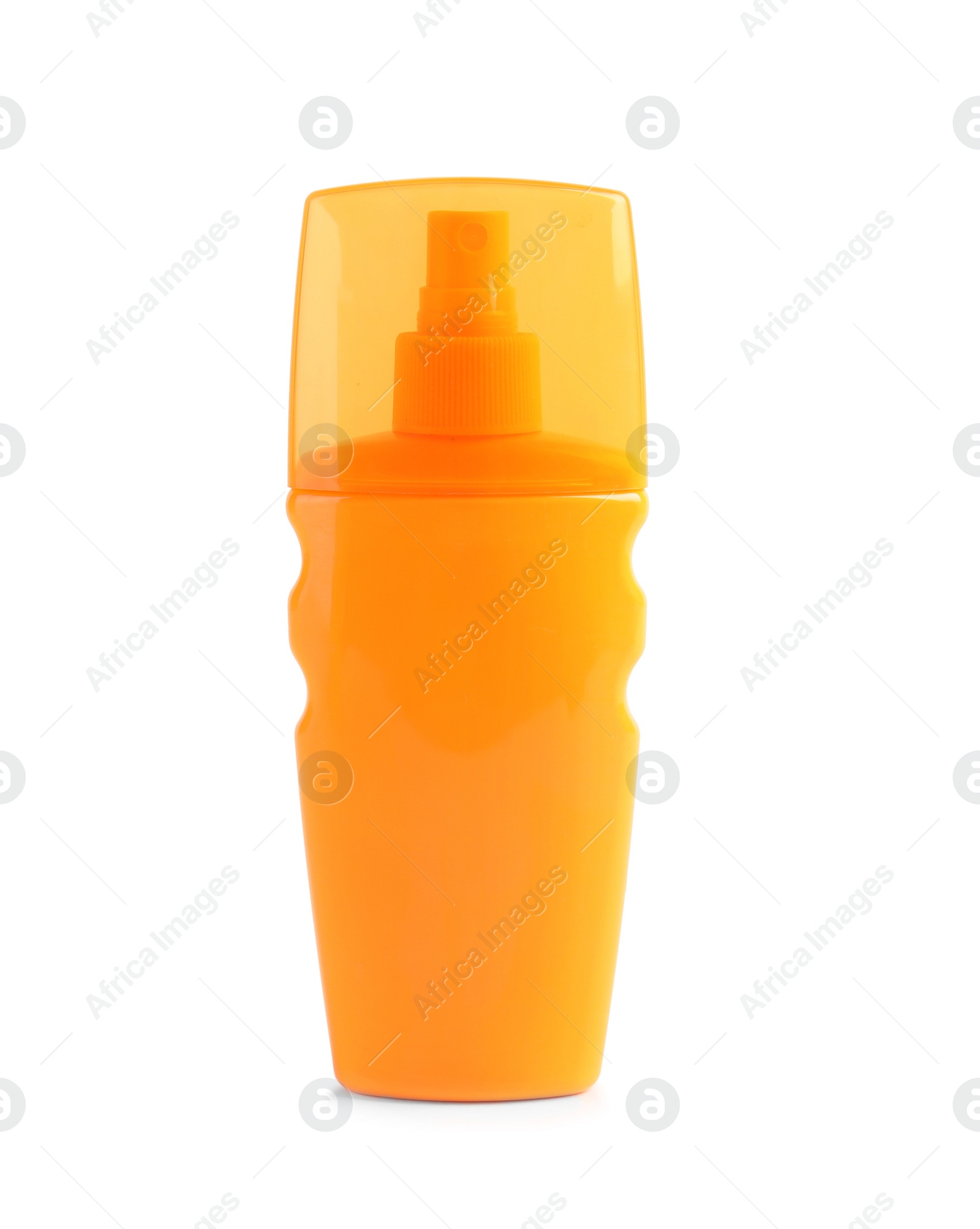 Photo of Bottle with sun protection body cream on white background