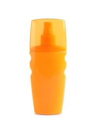 Photo of Bottle with sun protection body cream on white background