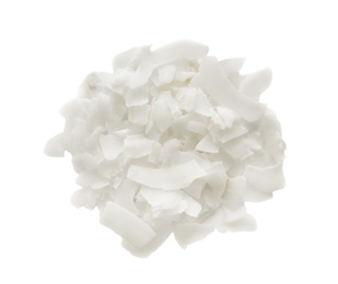 Photo of Tasty fresh coconut flakes isolated in white, top view