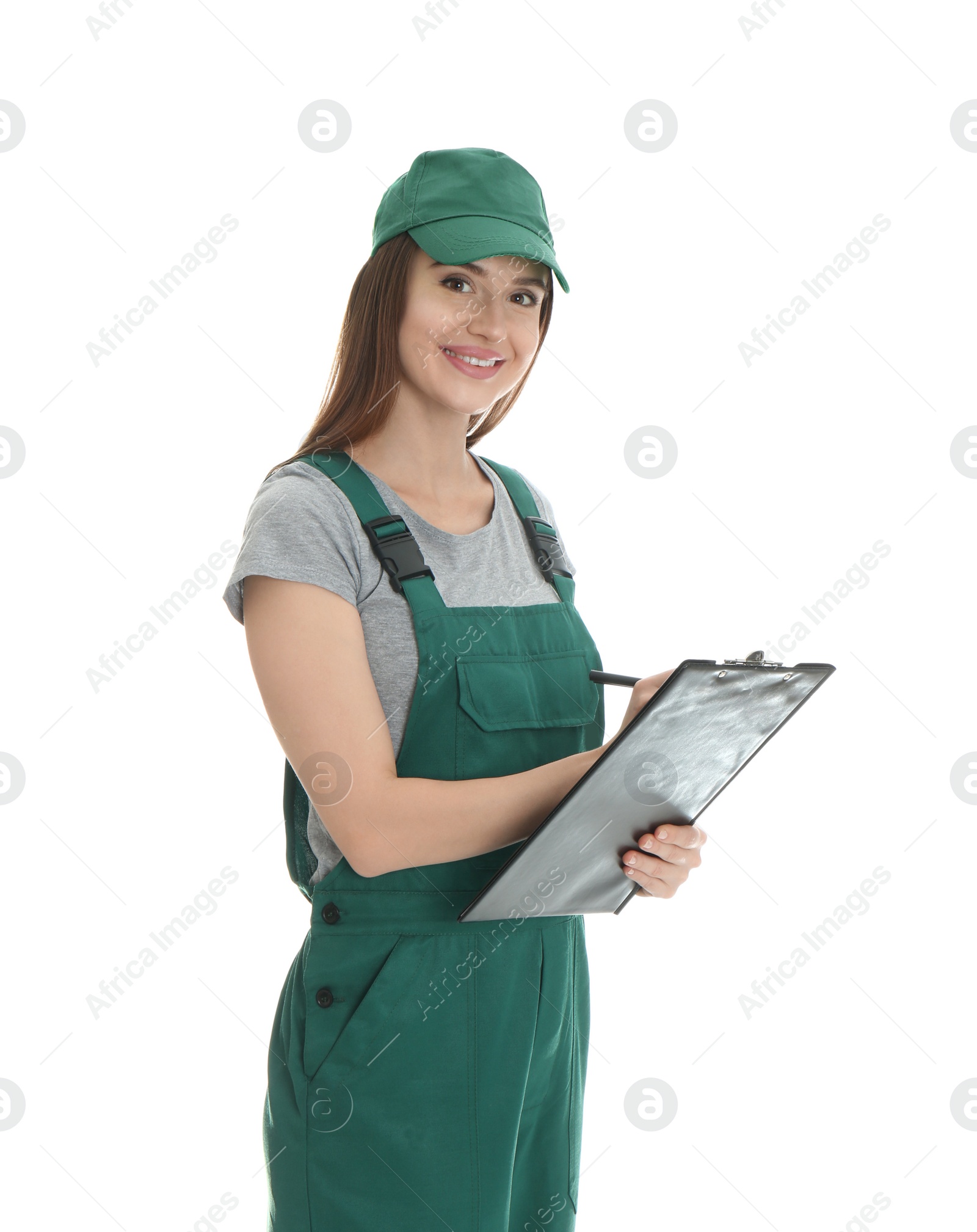 Photo of Portrait of professional auto mechanic with clipboard on white background