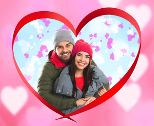 Image of Happy young couple on light blue background. Valentine's day