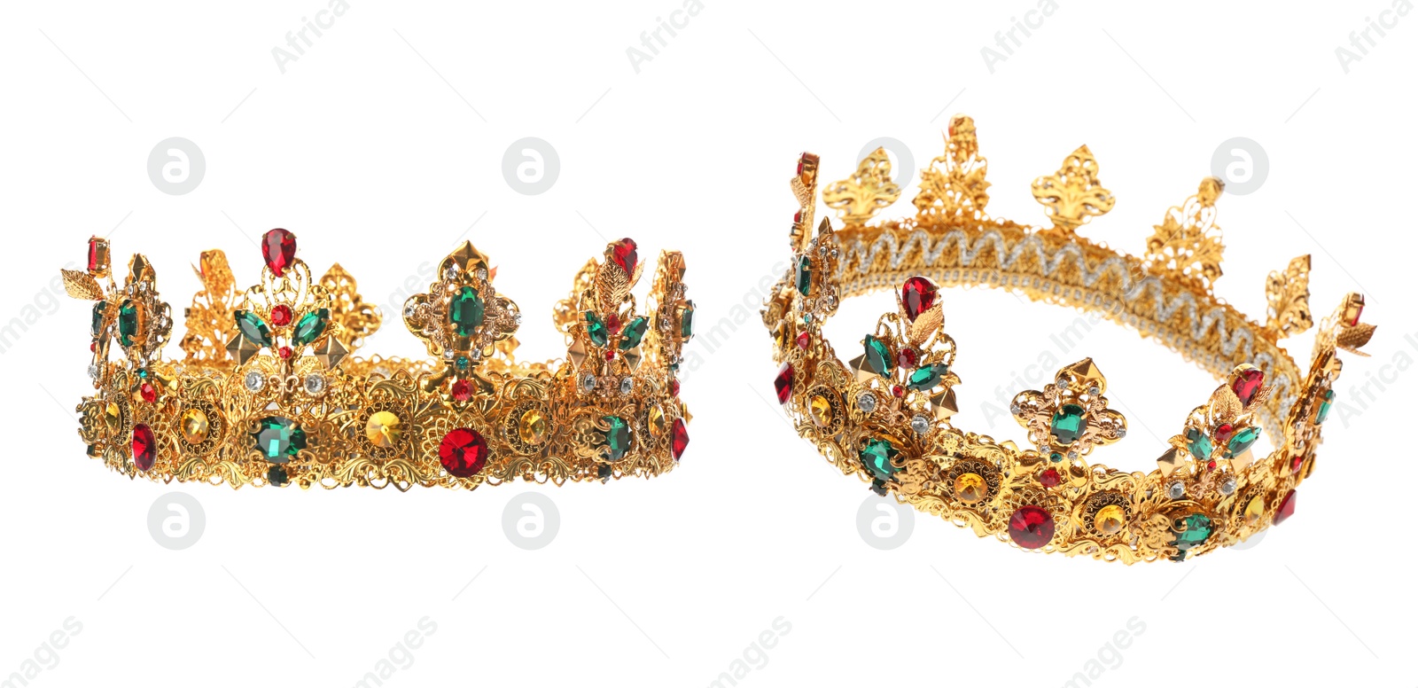 Image of Beautiful crown with gemstones on white background, views from different sides