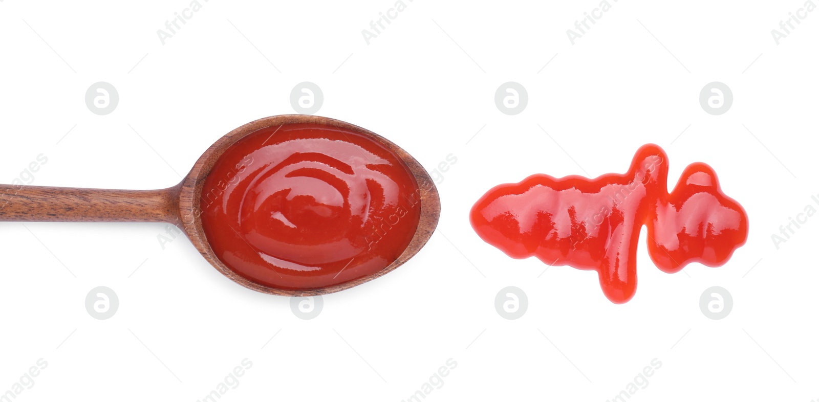 Wooden spoon with tasty ketchup isolated on white, top view Photo of Wooden spoon with tasty ketchup isolated on white, top view