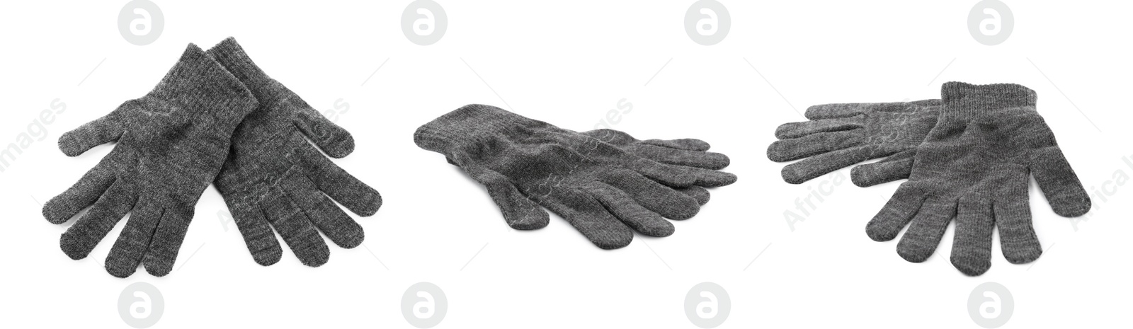 Image of Set of grey woolen gloves on white background. Banner design 