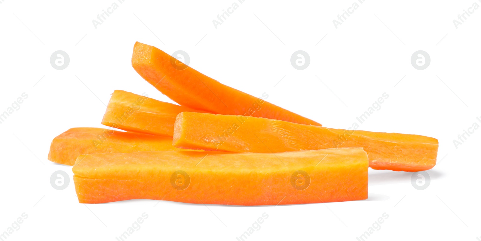 Photo of Pile of delicious carrot sticks isolated on white