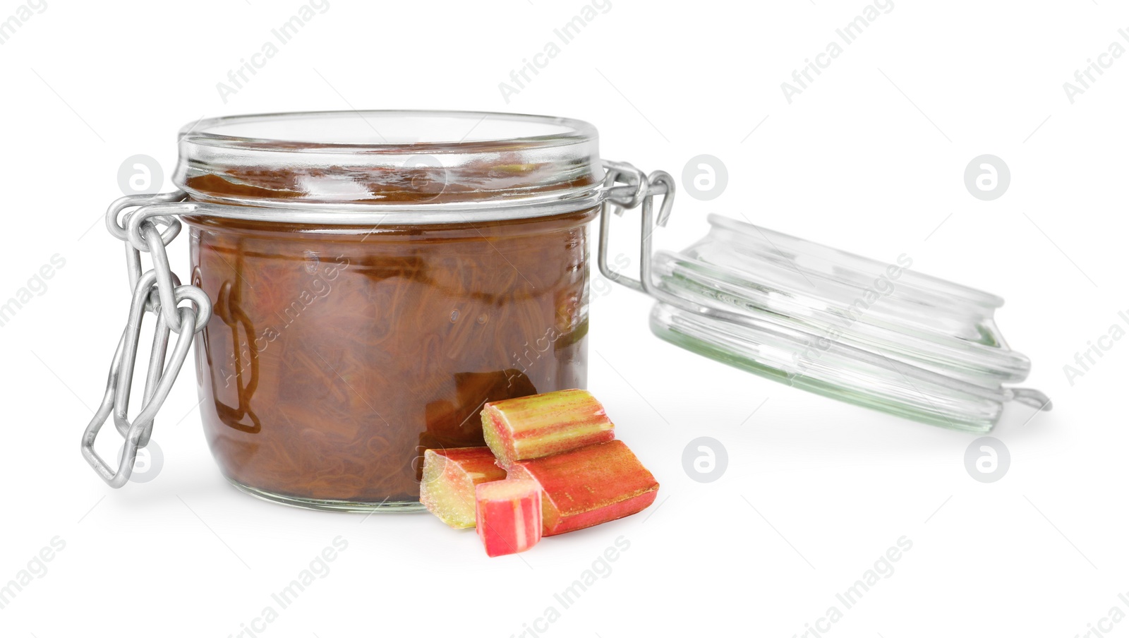 Photo of Jar of tasty rhubarb jam and cut stems on white background