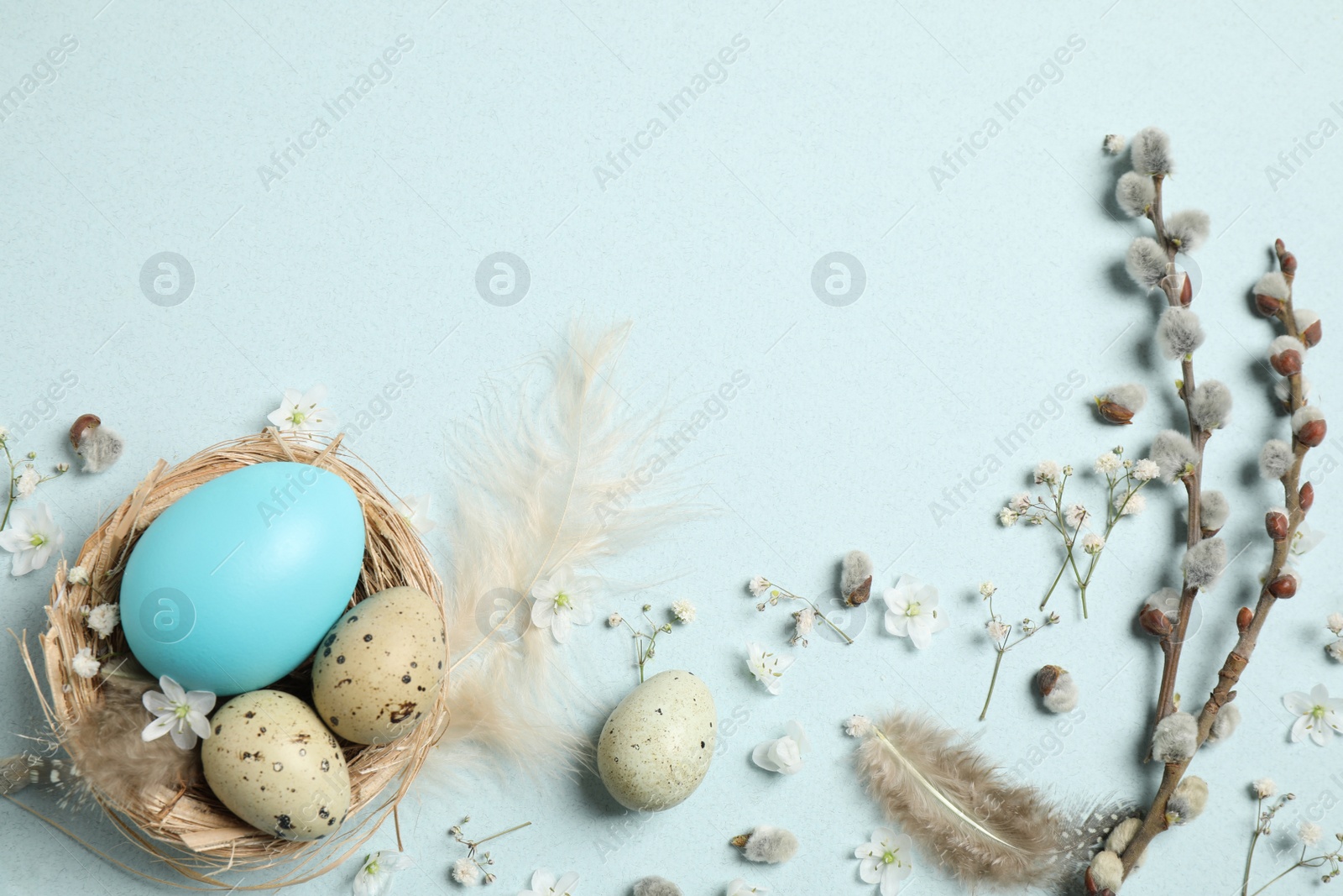 Photo of Beautiful flat lay composition with flowers and Easter eggs on light background. Space for text