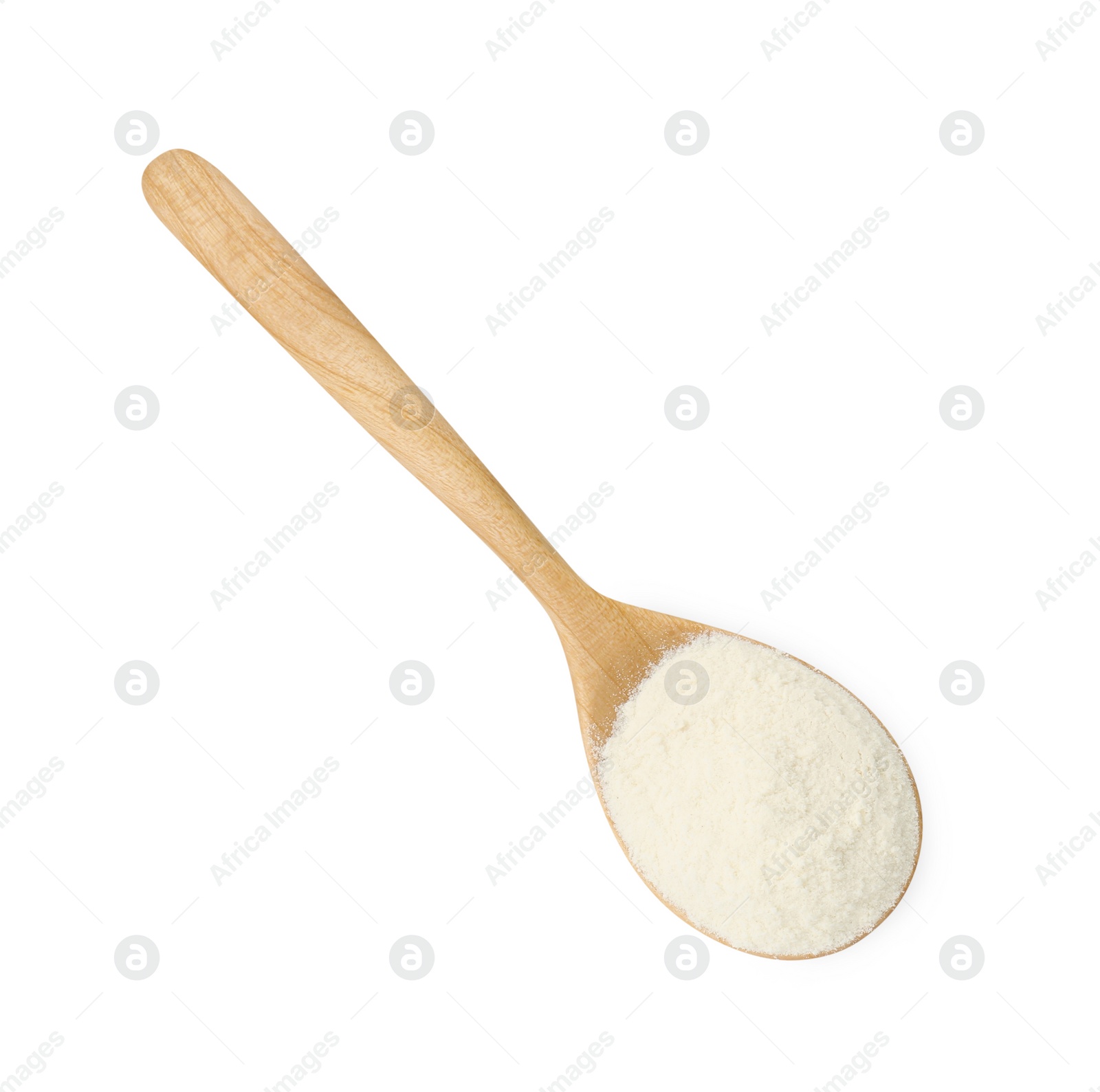 Photo of Baking powder in spoon isolated on white, top view