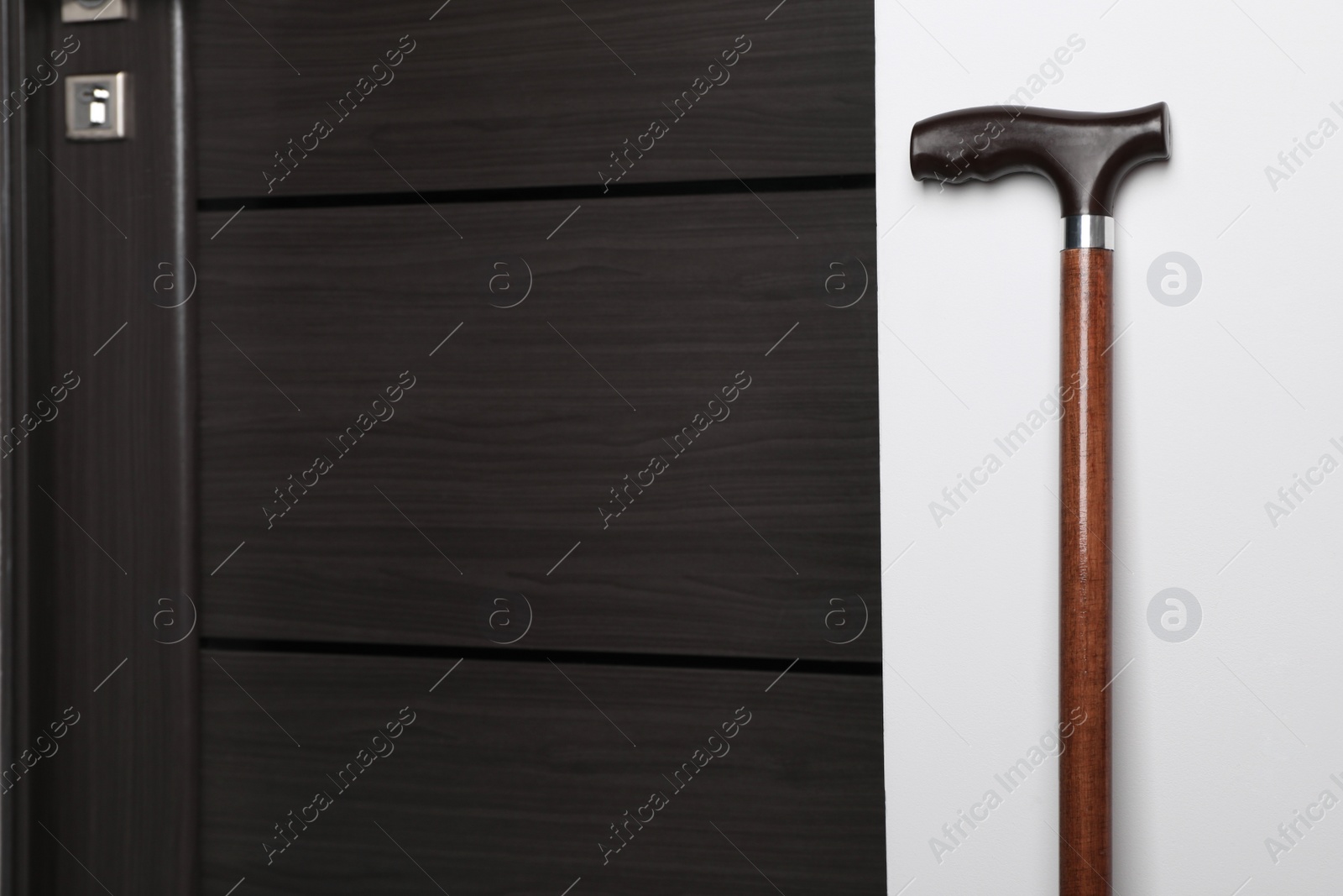 Photo of Elegant walking cane near door indoors, space for text
