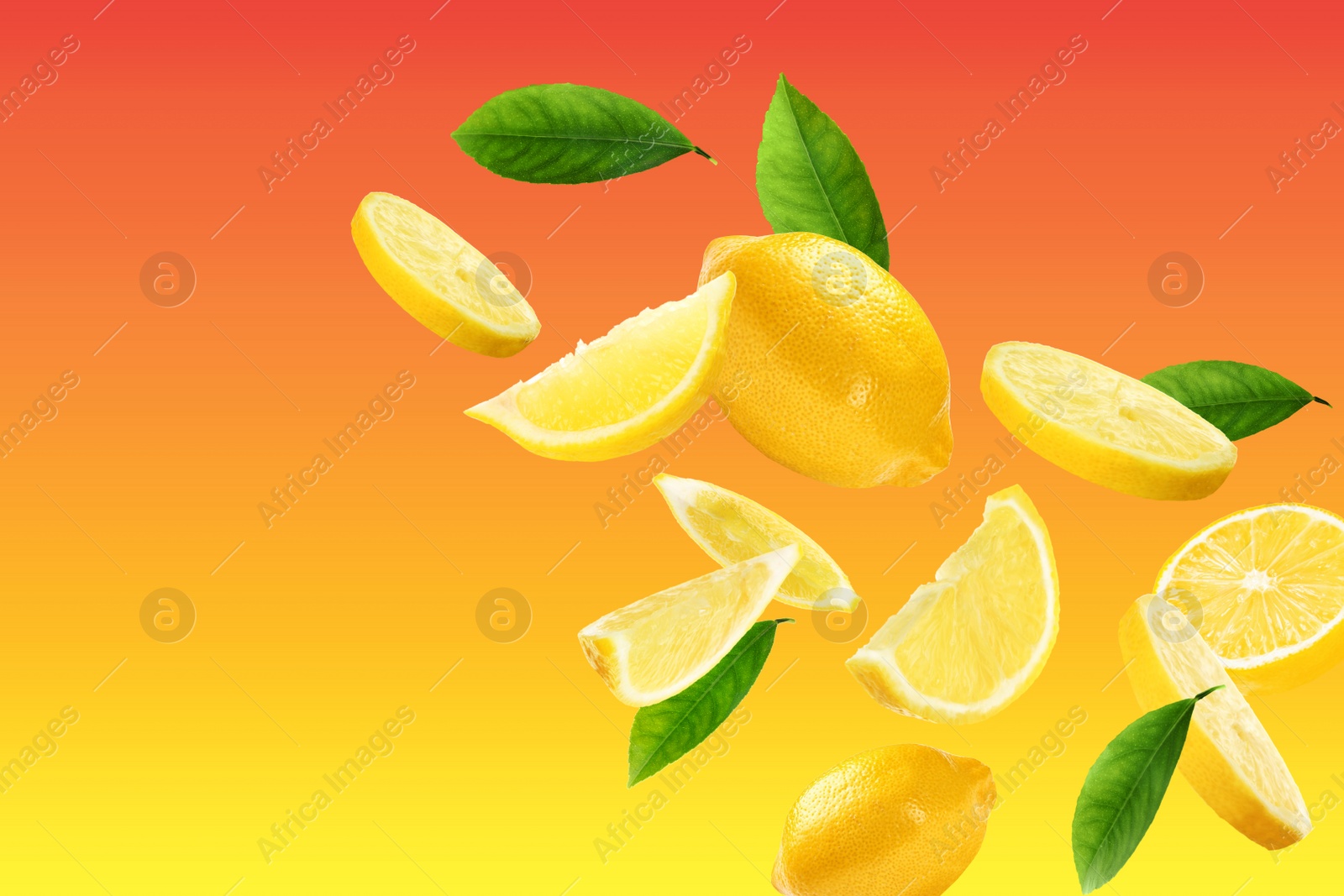 Image of Fresh ripe lemons and green leaves on color background