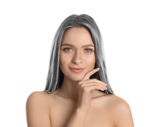 Portrait of young woman with beautiful grey colored hair on white background
