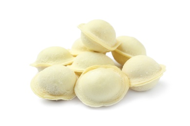 Photo of Pile of raw dumplings on white background