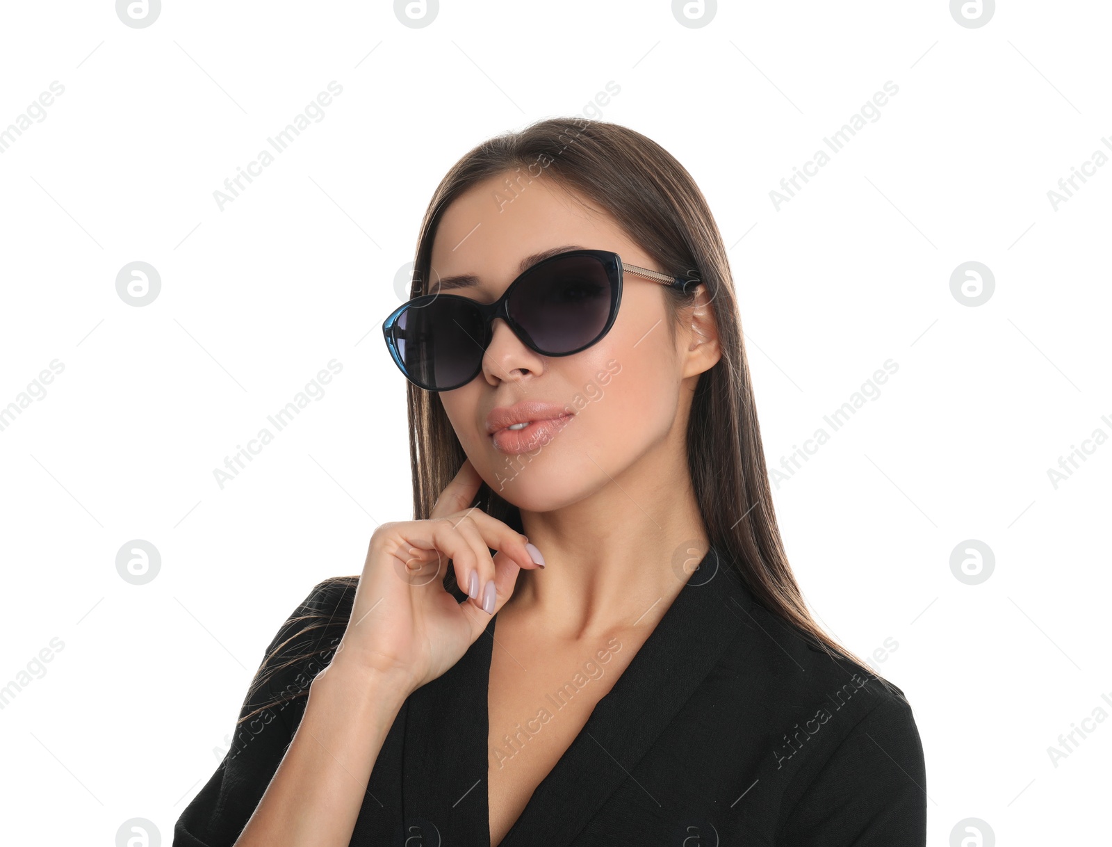 Photo of Beautiful young woman wearing sunglasses on white background