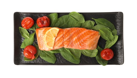 Photo of Tasty grilled salmon with tomatoes, spinach and lemon on white background, top view