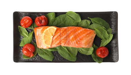 Tasty grilled salmon with tomatoes, spinach and lemon on white background, top view