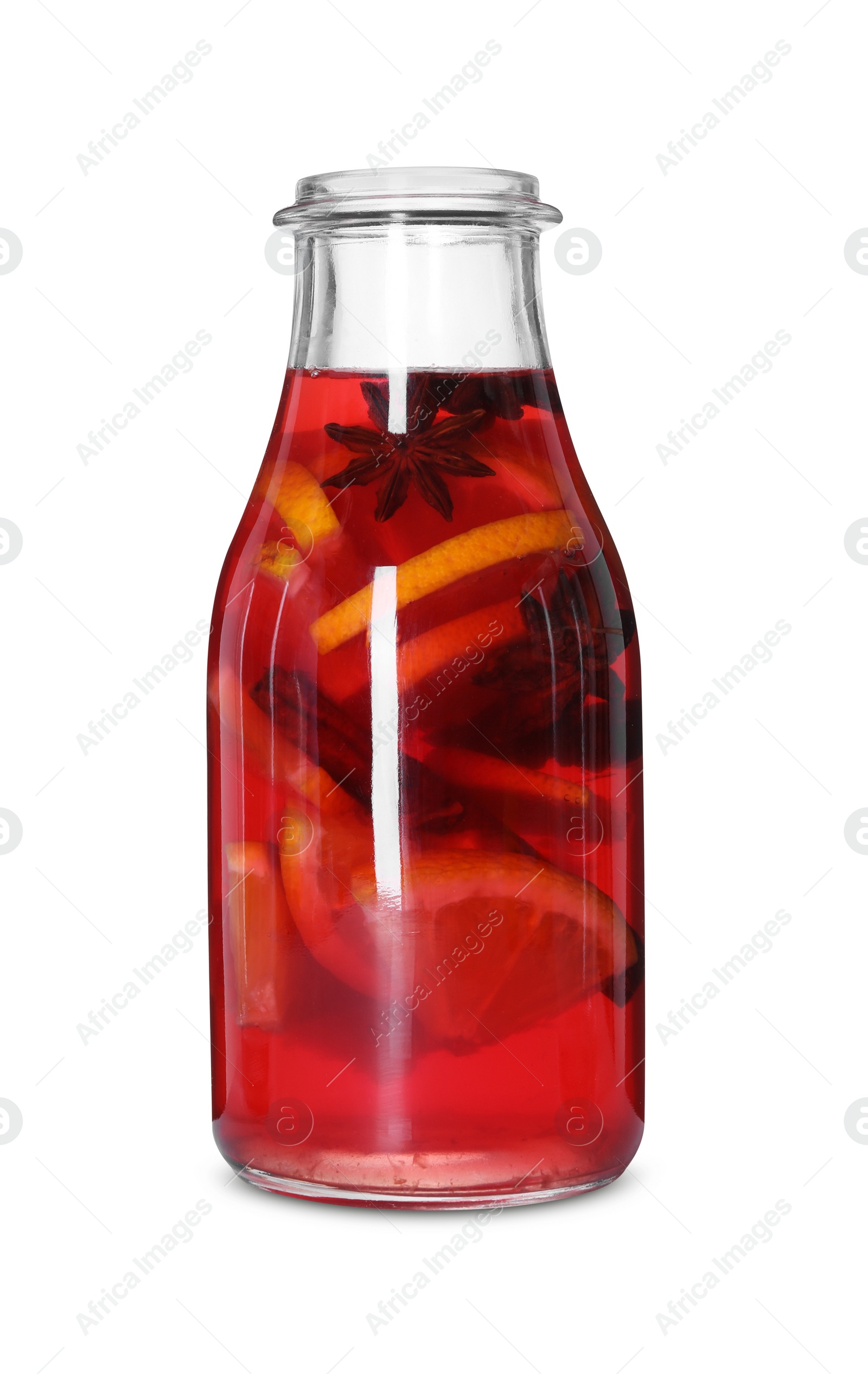 Photo of Bottle with tasty punch drink isolated on white
