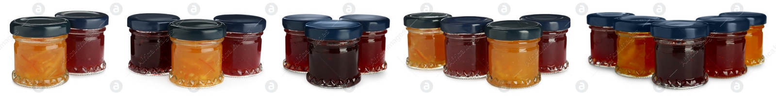 Image of Set with jars of different tasty jam on white background. Banner design 